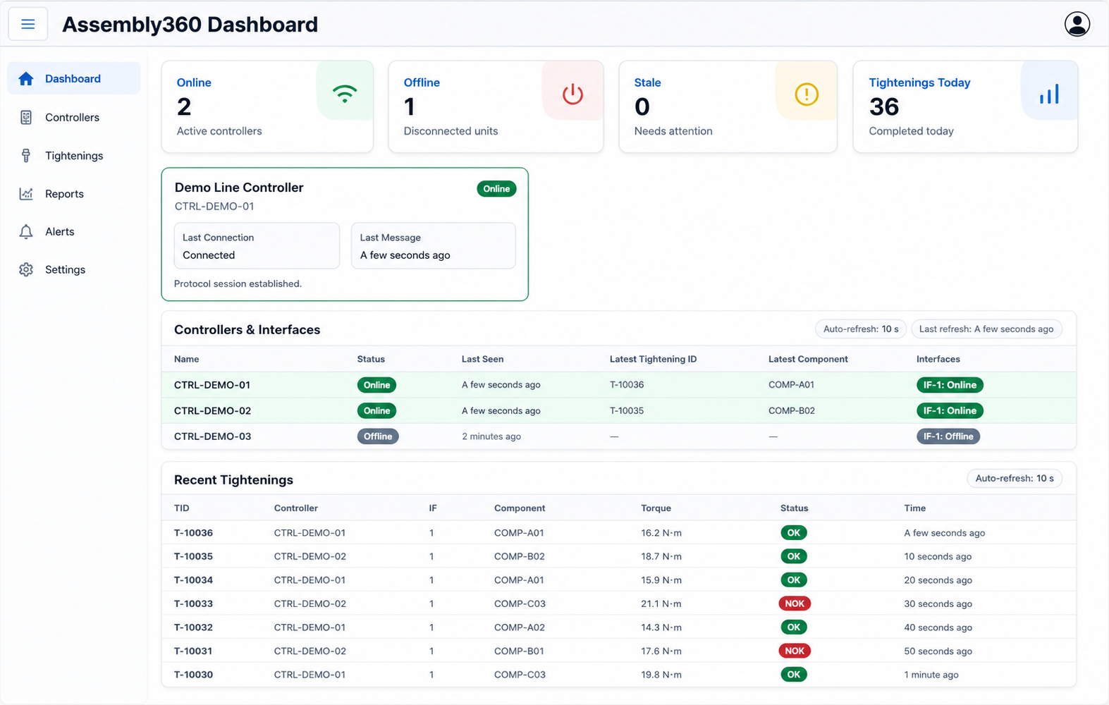 Assembly360 demo dashboard showing controller status and recent tightening results