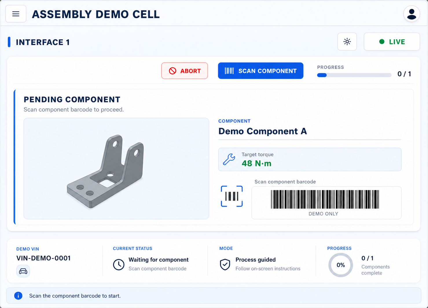 Assembly360 demo operator HMI showing a pending component and target torque