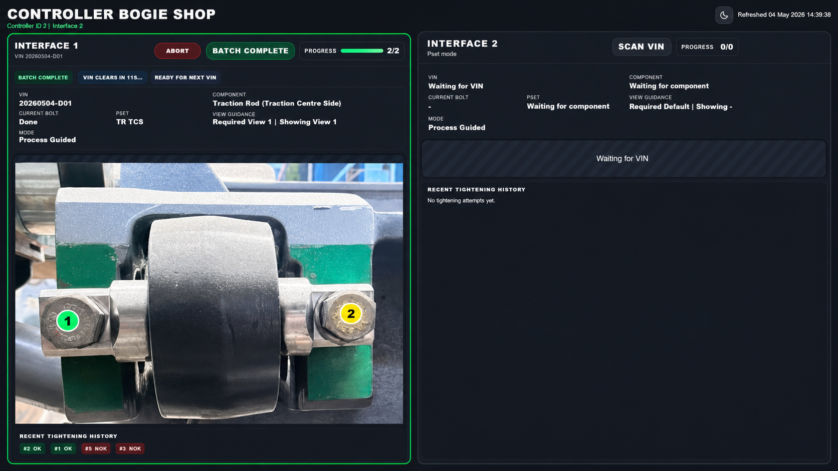 Assembly360 operator HMI showing one completed interface and one interface waiting for a VIN